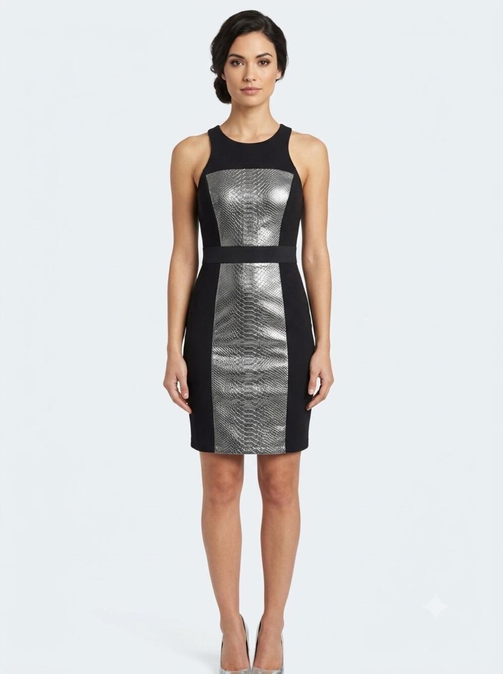 Bailey 44 Heat Shield Dress Women's XS Black Silver Metallic Snakeskin Leather
